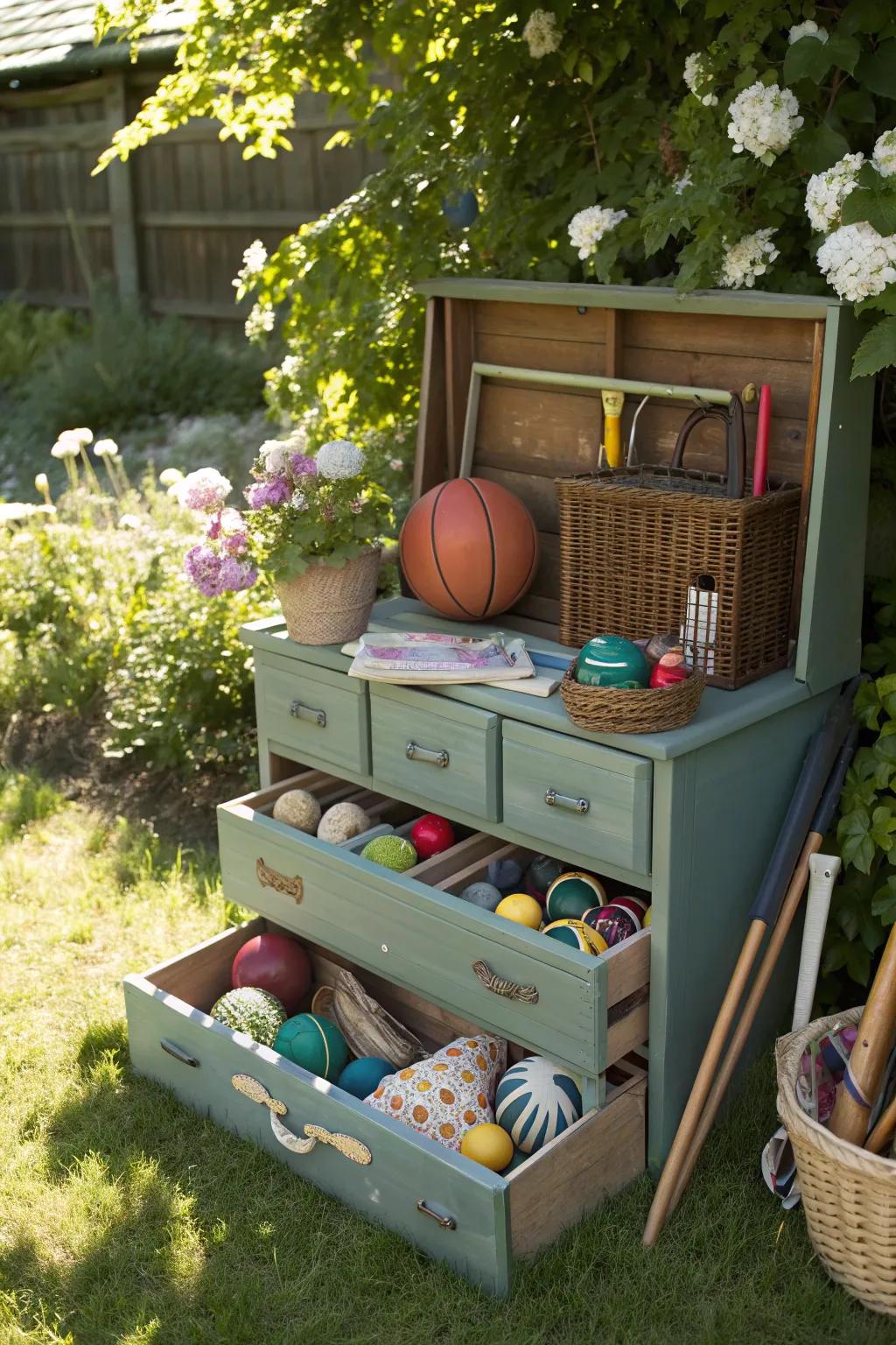 A dresser providing neat storage for outdoor games.