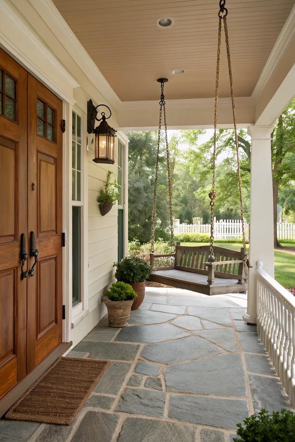 A porch swing adds a touch of nostalgia and comfort.