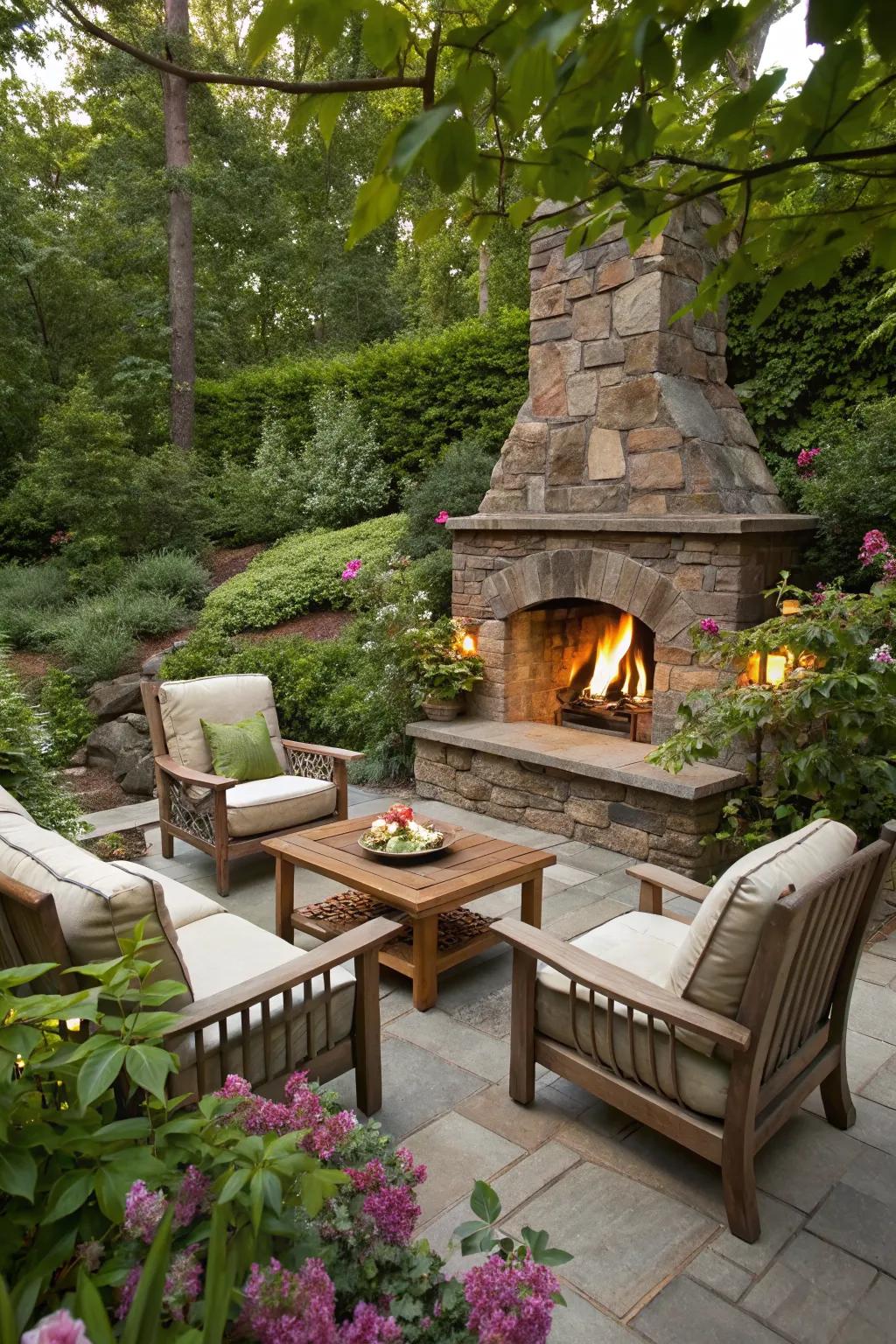 A sunken seating area that provides a cozy, secluded space around an outdoor fireplace.