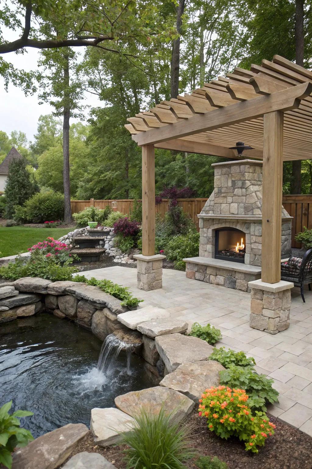 A water feature adds tranquility to your pergola setting.