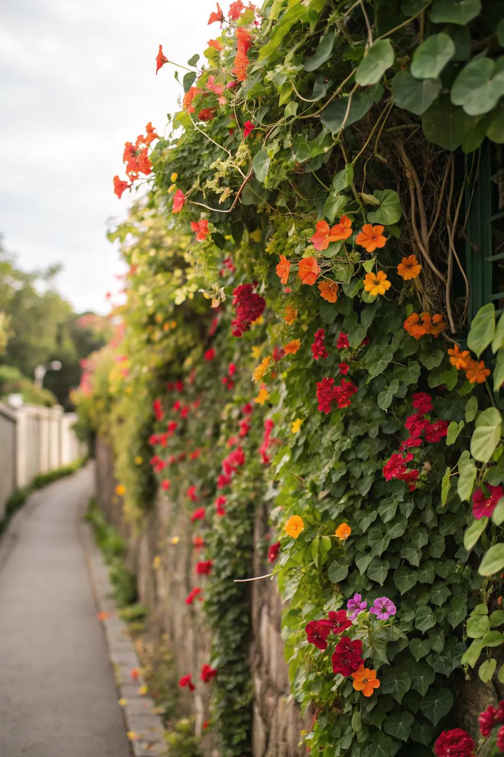 A stunning vertical flower wall maximizing garden space.