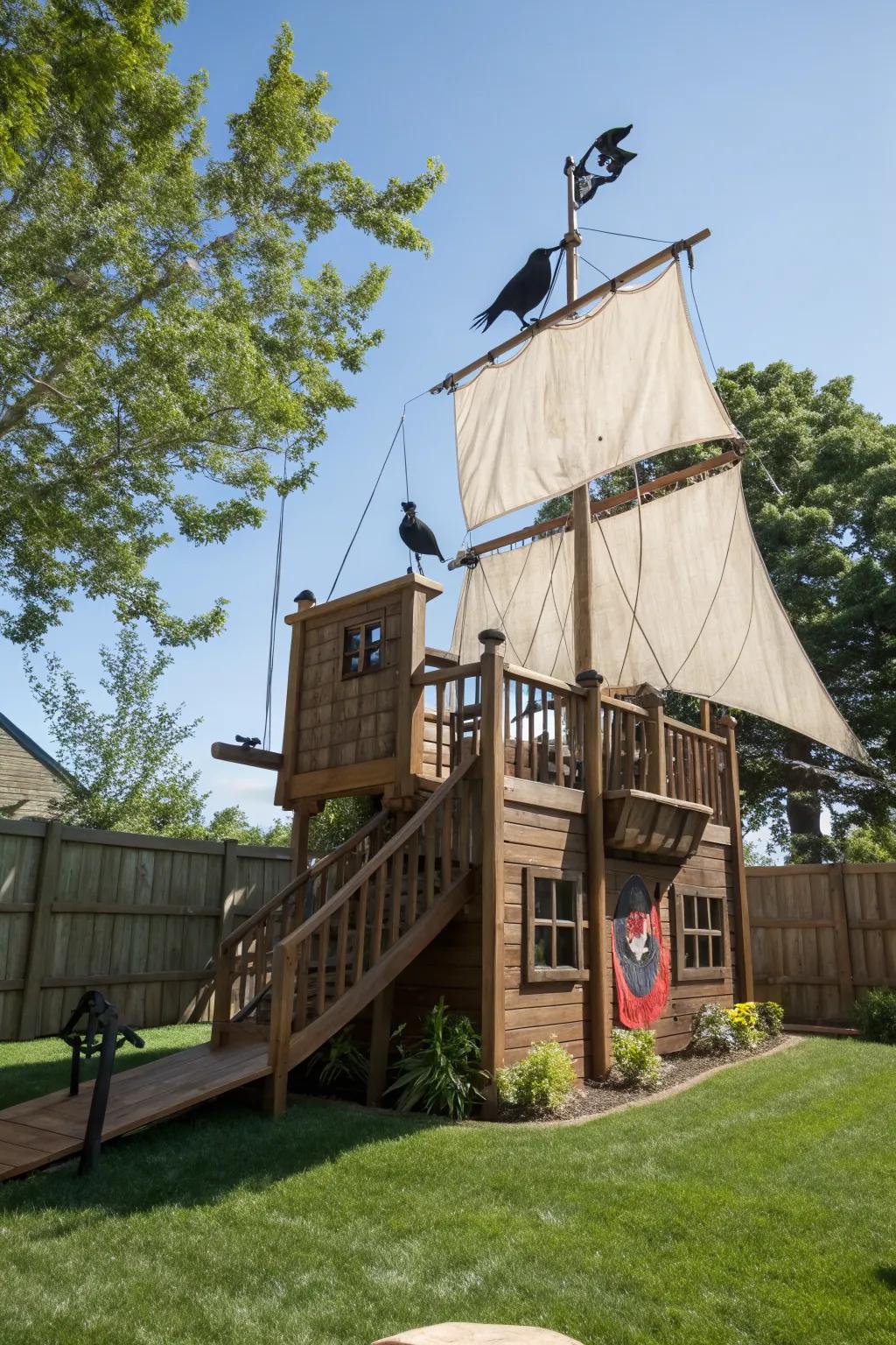 A pirate ship fort ready for daring backyard adventures.