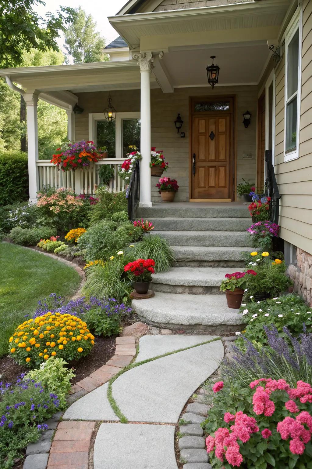 An inviting pathway enhances the curb appeal of this lovely porch.