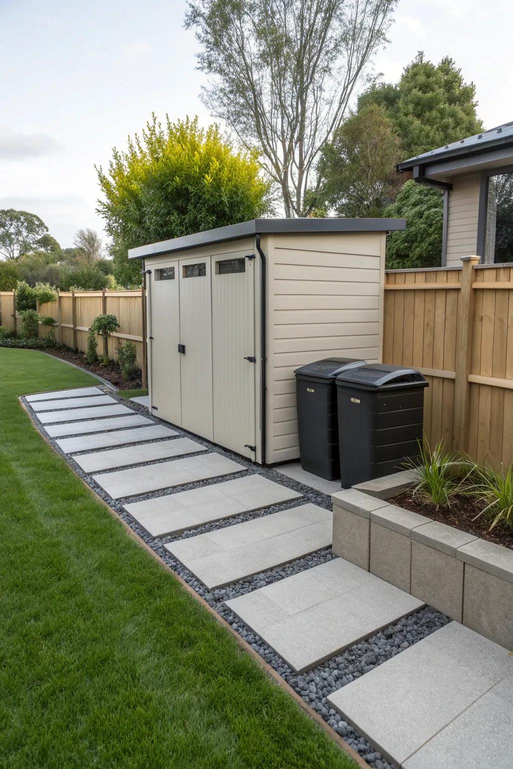 A durable resin shed effectively hides garbage bins in a modern garden setting.