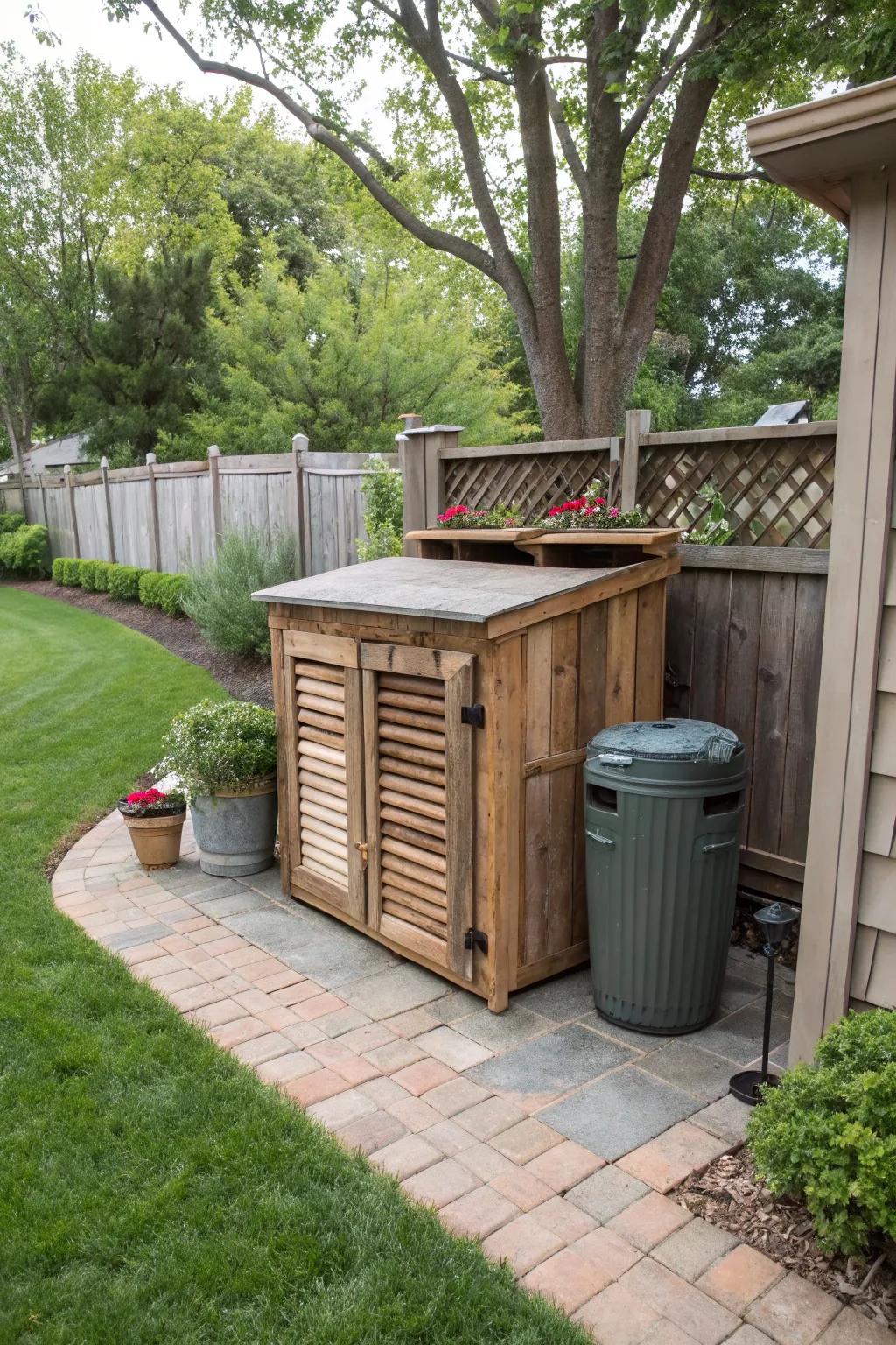 Recycled materials create a unique and eco-friendly storage solution.