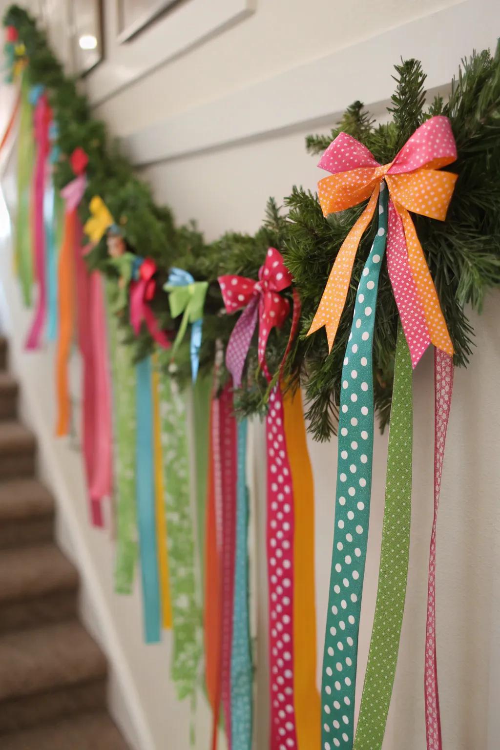 Colorful ribbons add festive flair to garlands.