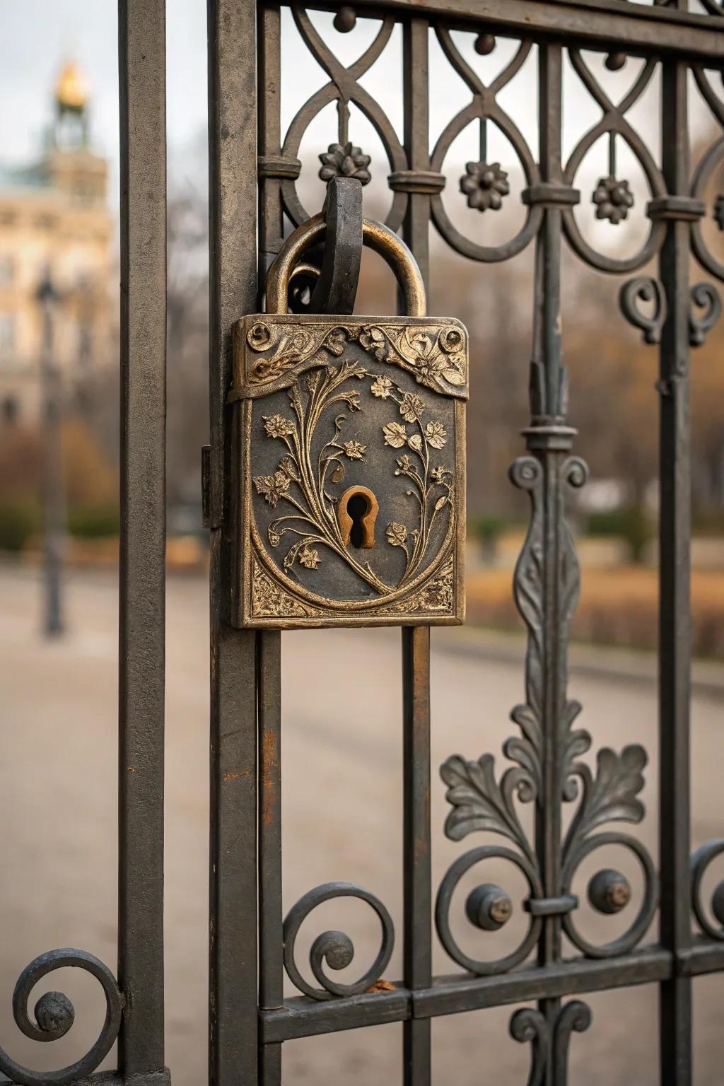 An artistic gate lock with intricate designs.