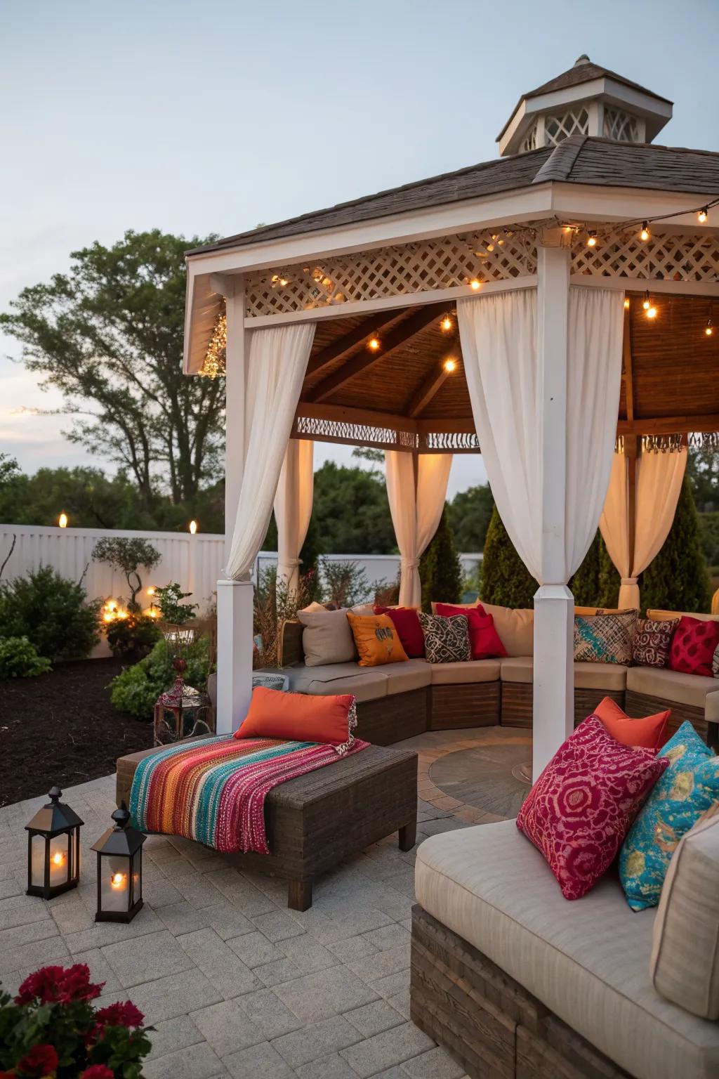 Throw pillows add color and comfort to your gazebo seating.