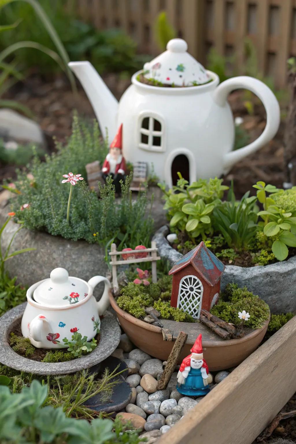 Upcycled materials bring charm and sustainability to a gnome garden.