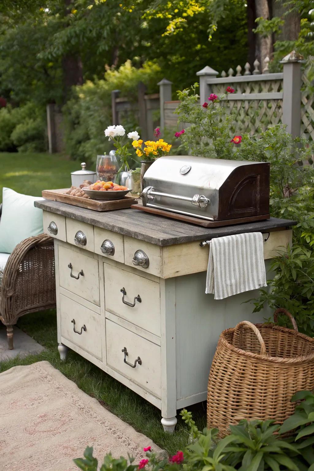 Breathe new life into vintage furniture by converting it into a grill table.