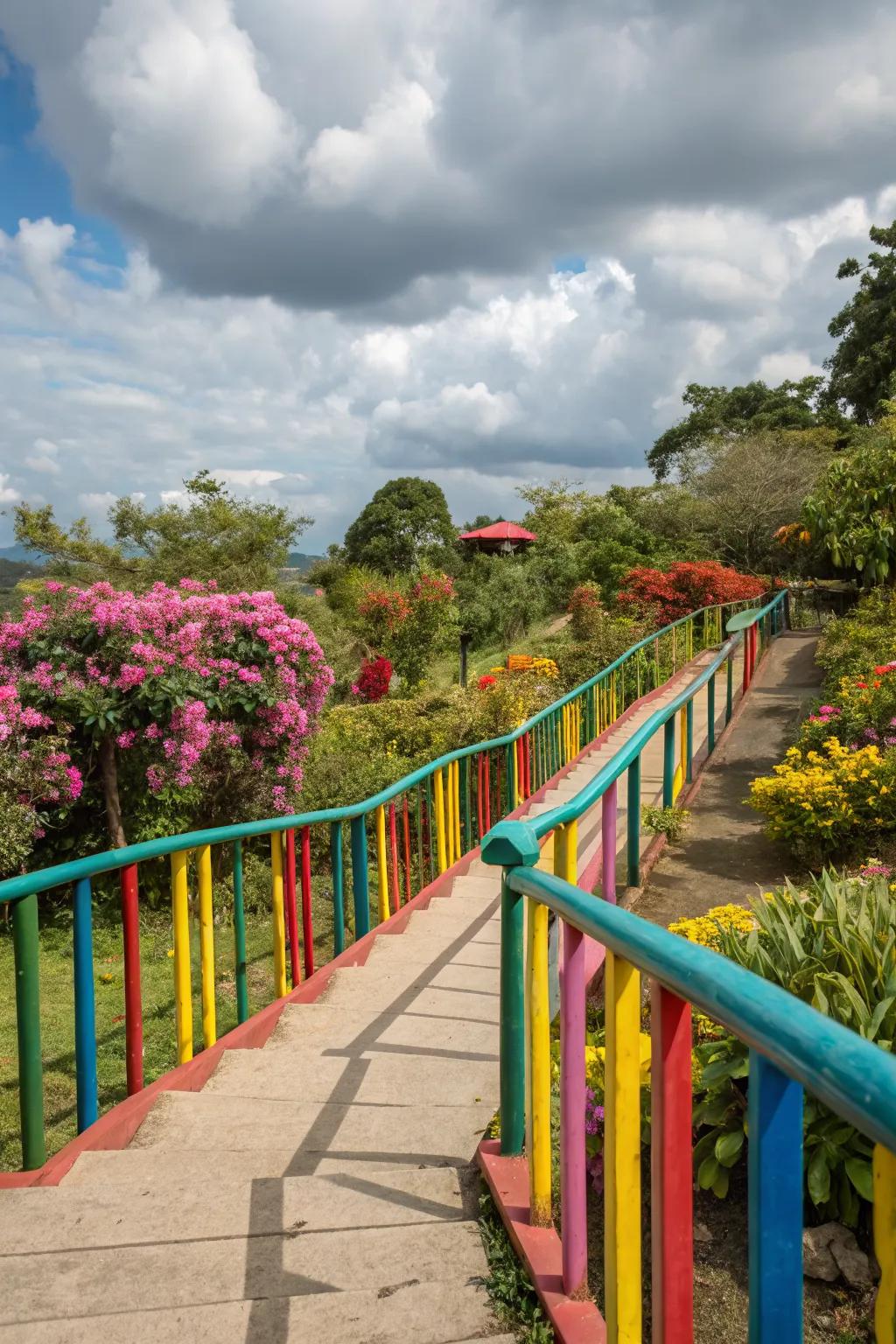 Painted railings add a fun splash of color to outdoor decor.