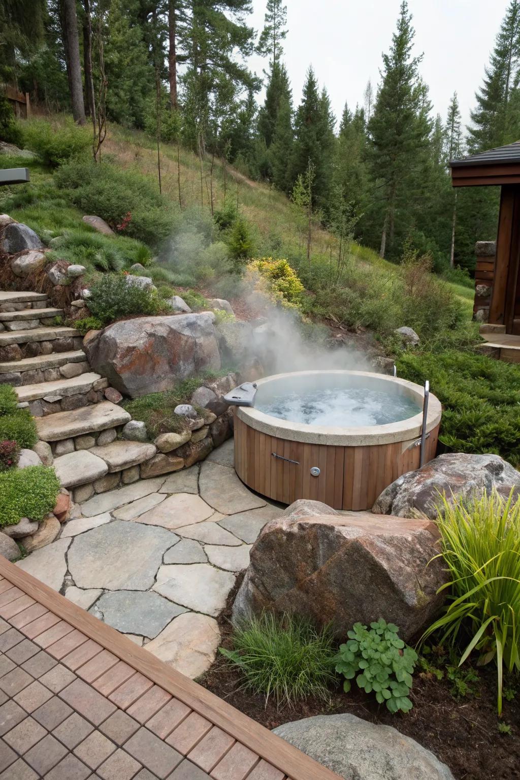 Natural rock features blend seamlessly with your hot tub landscape.