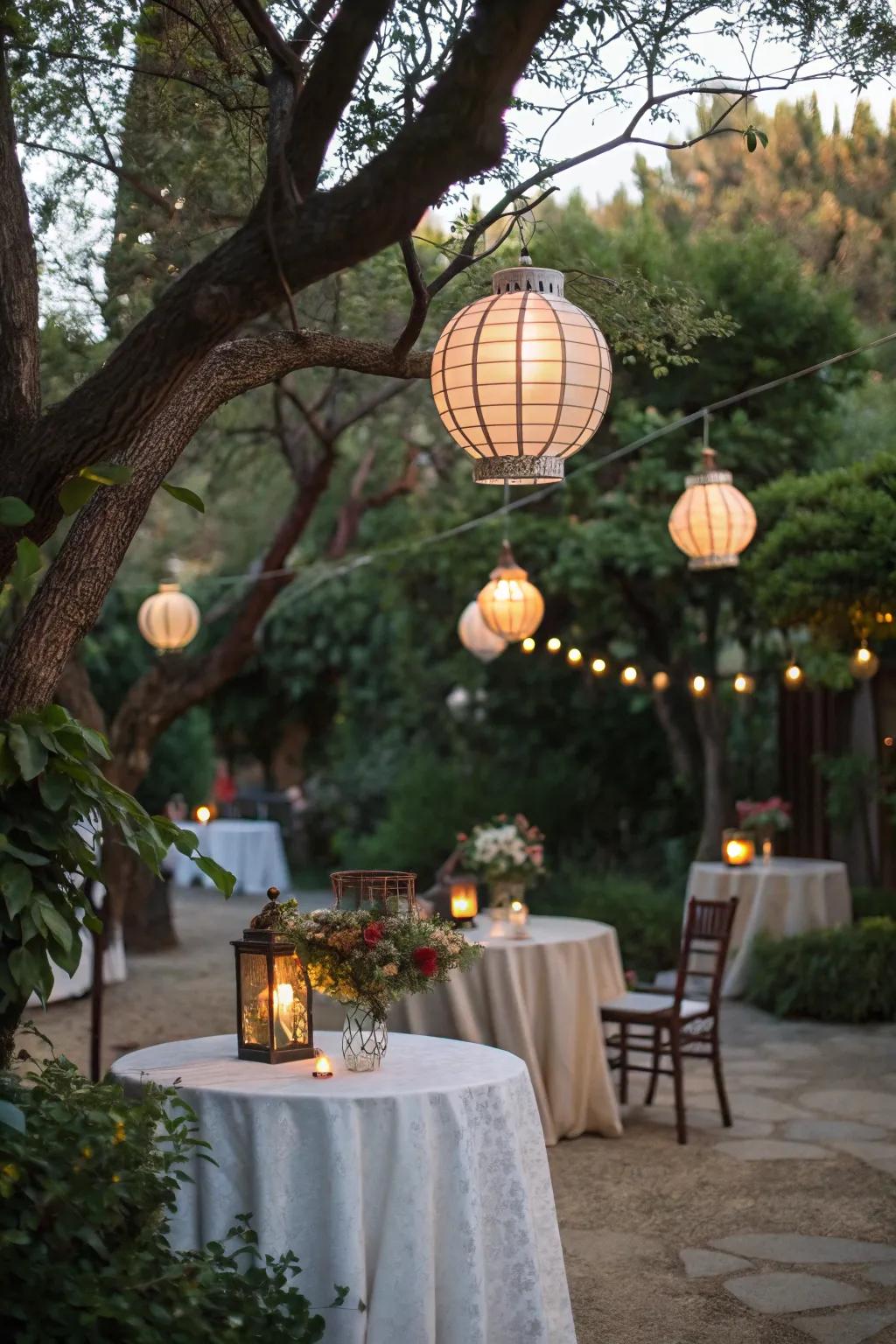 Decorative lanterns add an elegant touch and romantic glow.