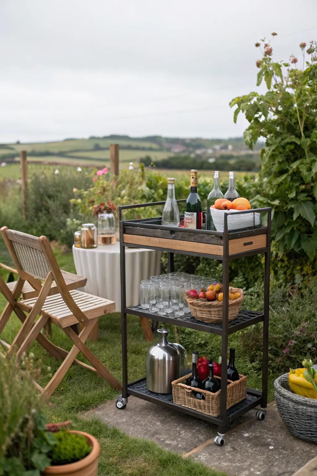 Compact mobile outdoor bar cart in a garden.