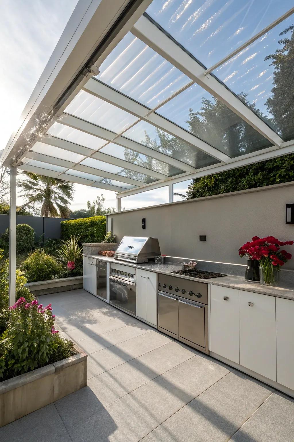 Enjoy natural light with the protection of a clear polycarbonate roof.