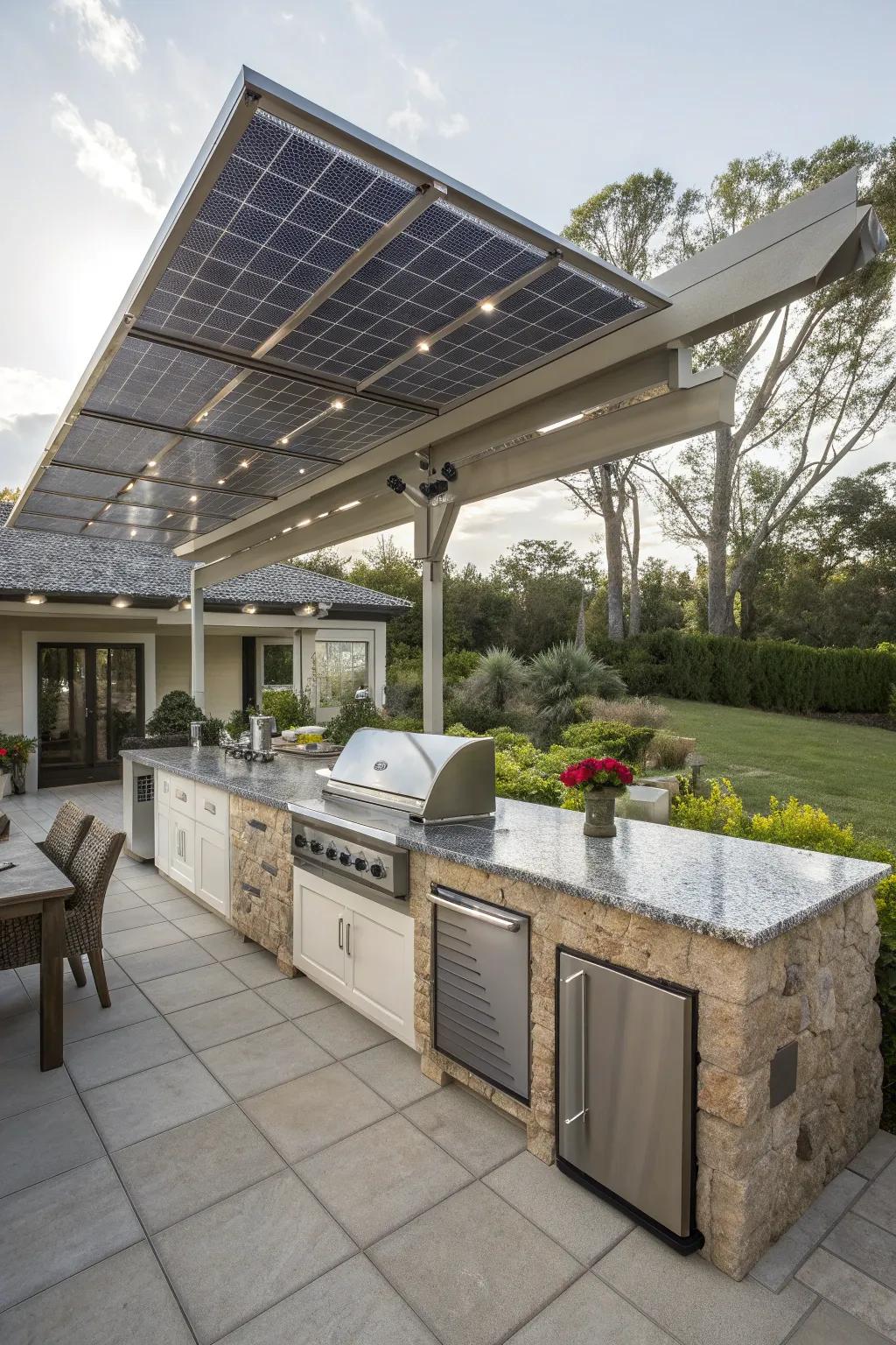 A solar panel roof powers this eco-friendly outdoor kitchen.