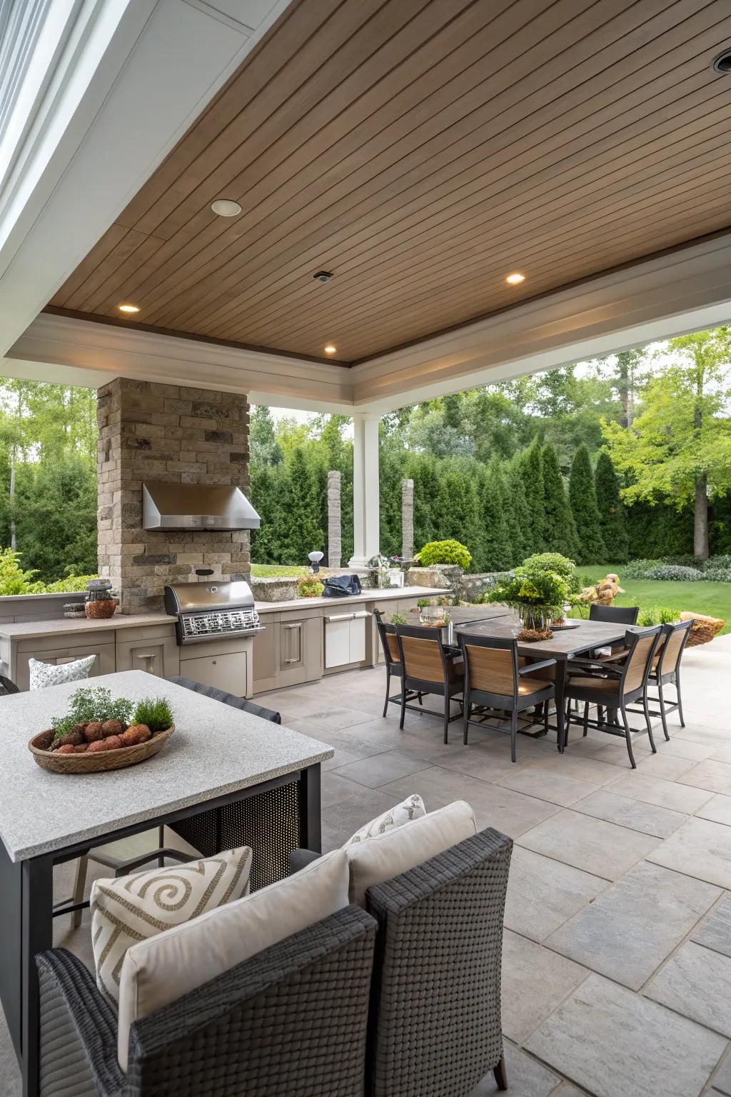 Comfortable seating and a stylish ceiling enhance this outdoor kitchen's inviting atmosphere.
