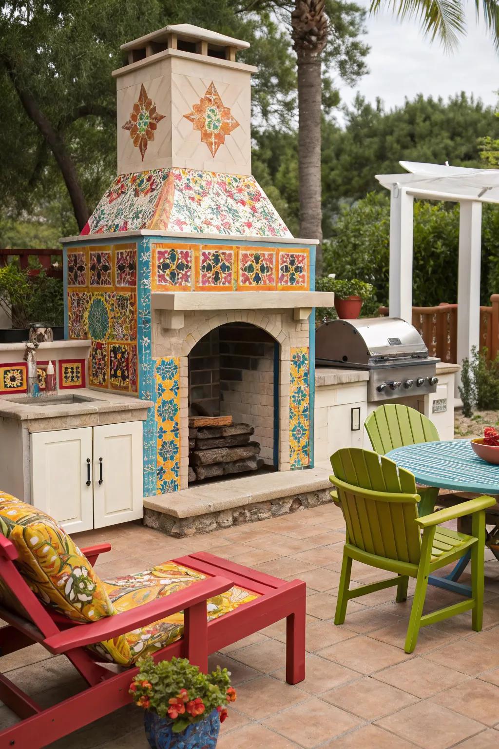 A vibrant and personalized outdoor fireplace featuring colorful decorative tiles.
