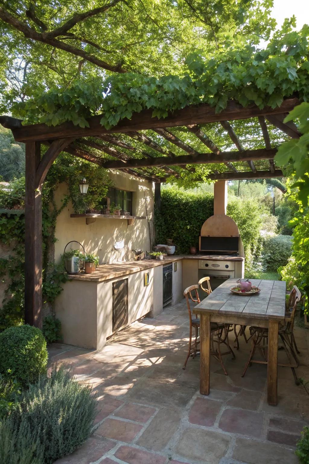 A pergola adds charm and shade to an outdoor kitchen.
