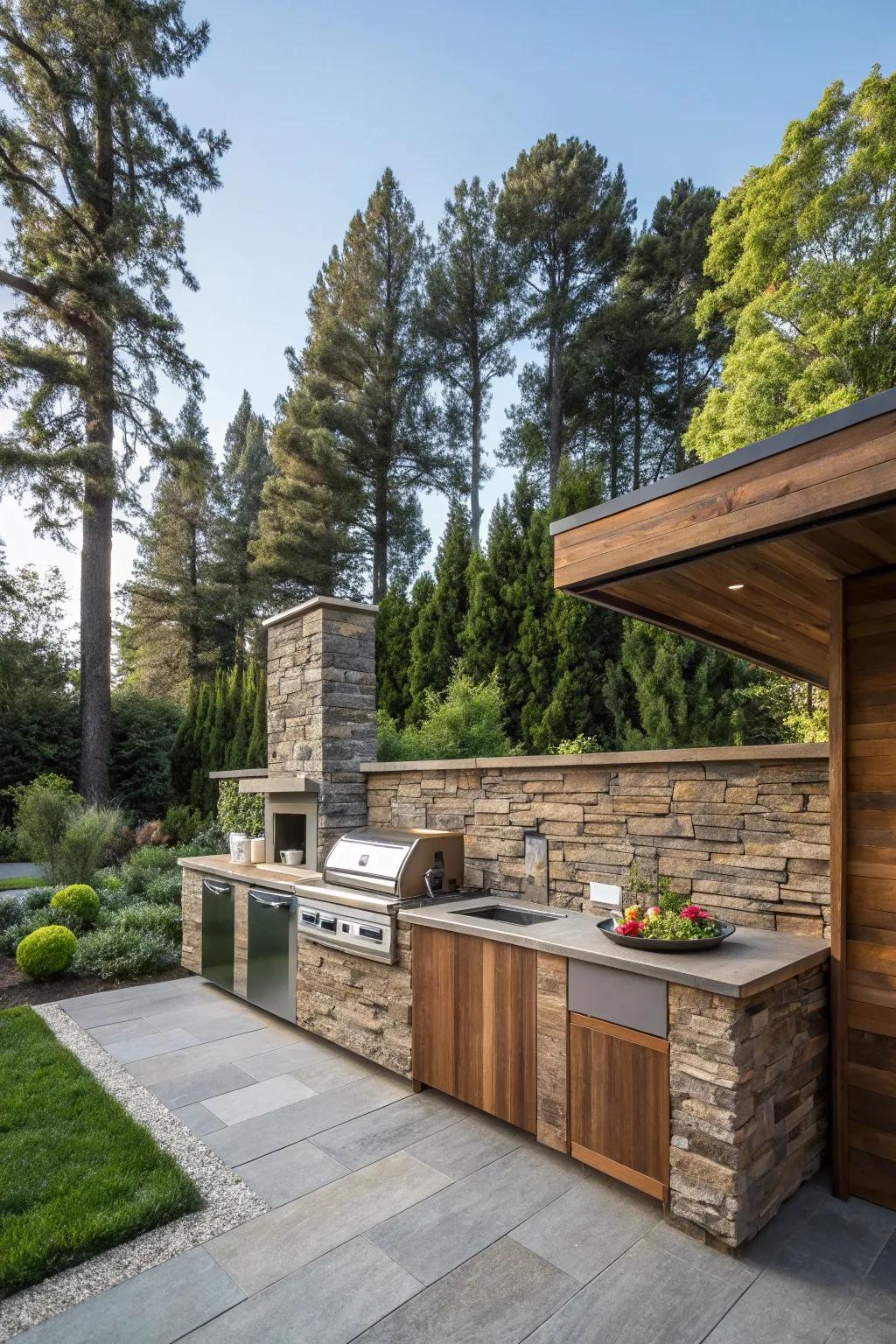 Mixed material siding adds depth and texture to outdoor kitchens.