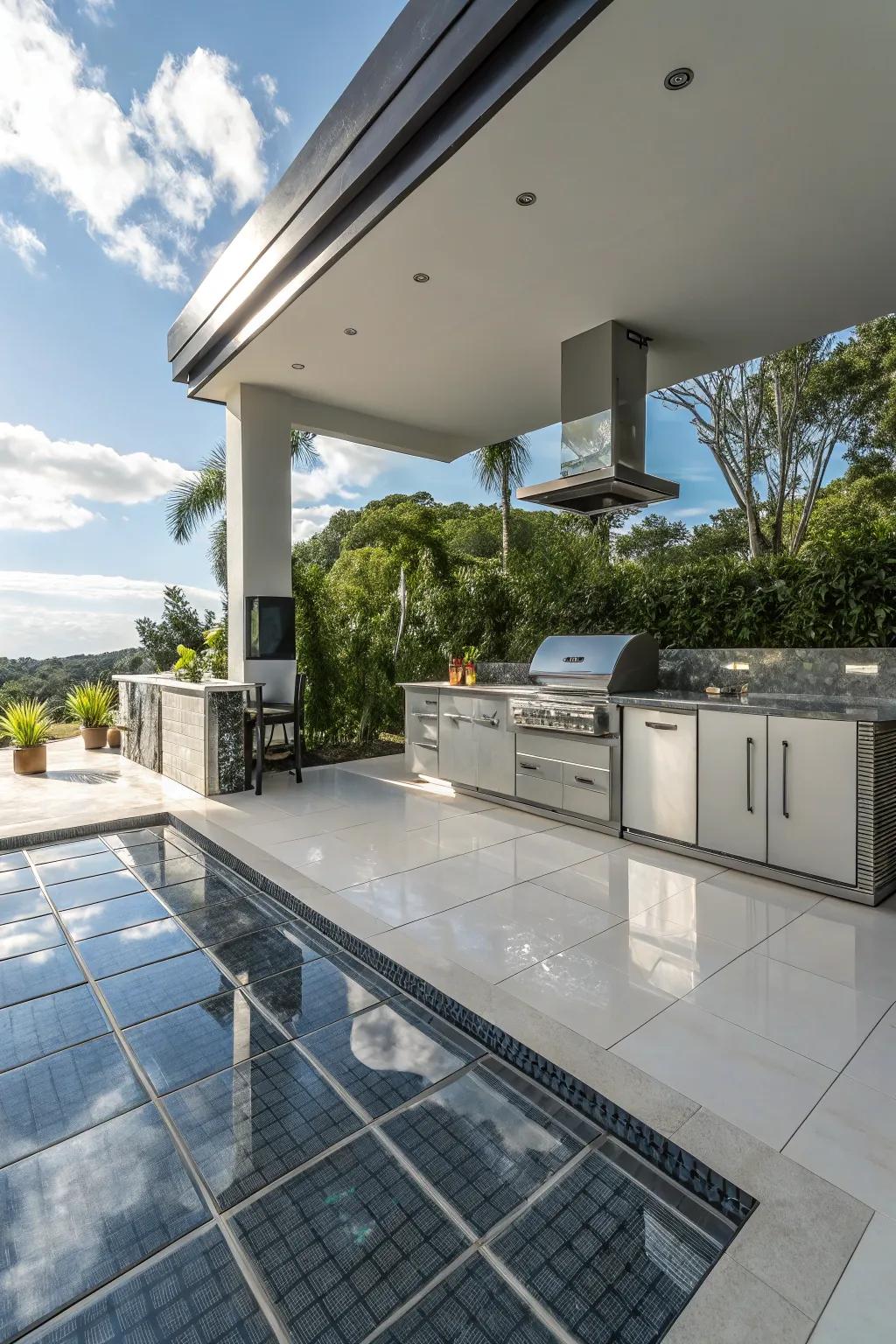 Reflective tiles creating a spacious feel in a compact outdoor kitchen.