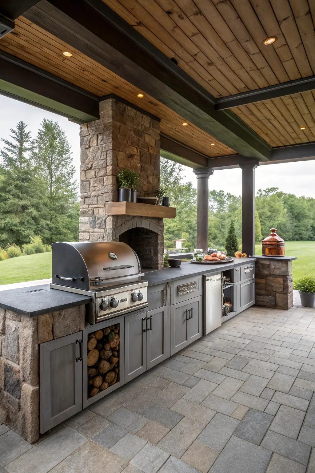 Durable and stylish outdoor kitchen with an offset smoker.