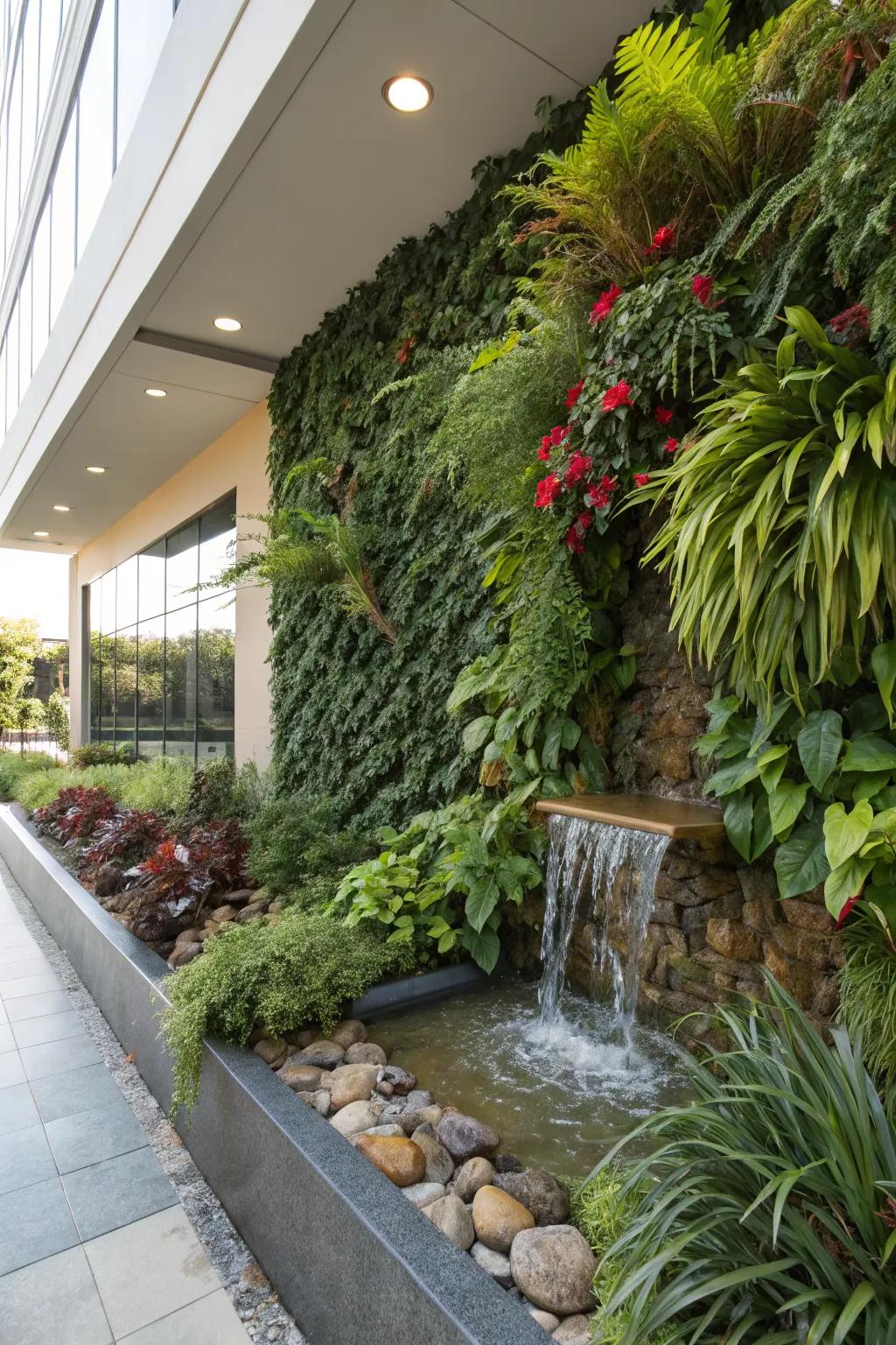 The soothing sound of water adds serenity to a living wall.
