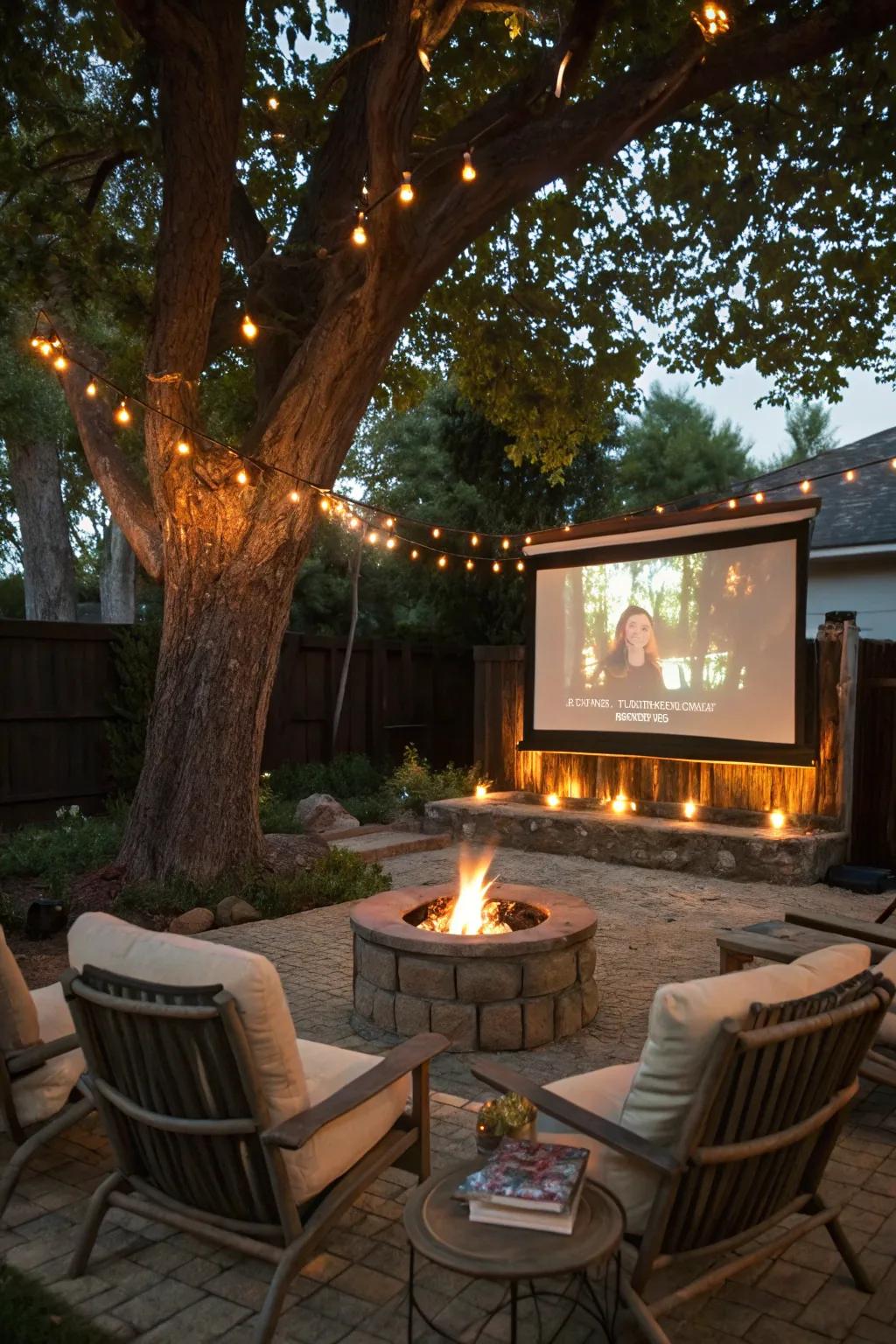 A fire pit adds warmth and a social focal point to your movie night.
