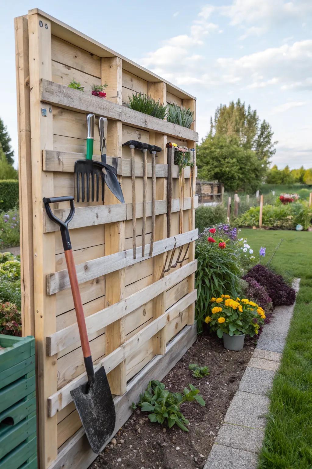 Organize your garden tools with a functional pallet wall.