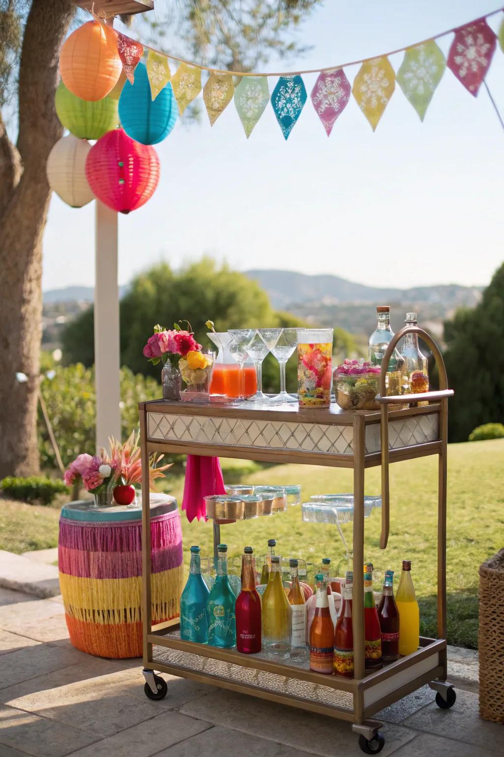 A stylish bar cart adds flair and functionality to the party.