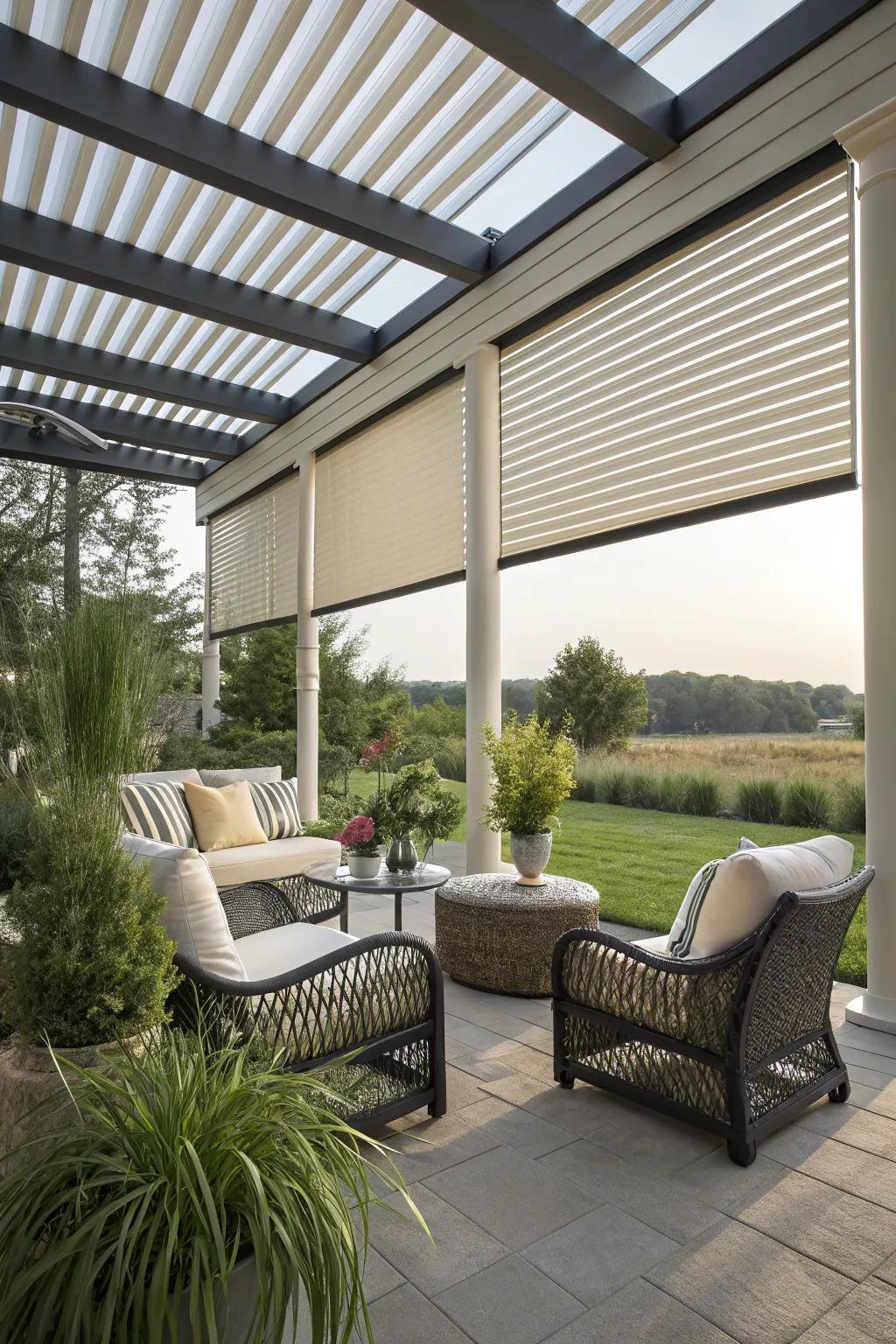 Adjustable slats offer customizable patio lighting.