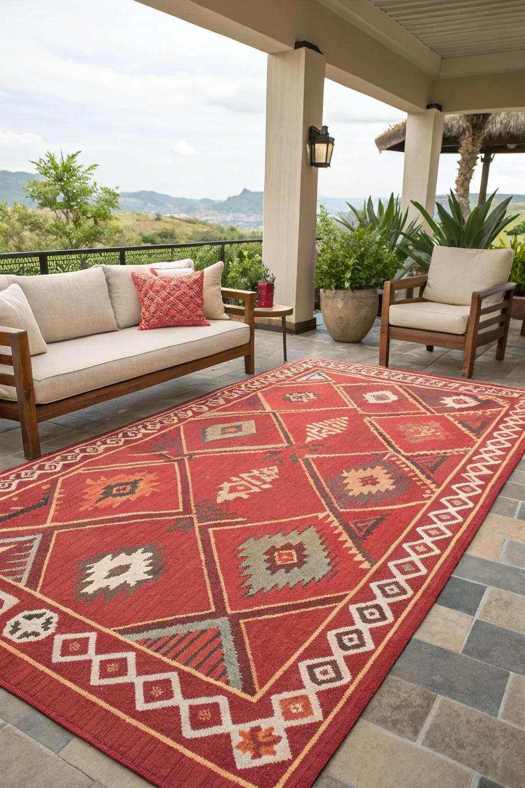 Make a statement with a bold patterned red rug.