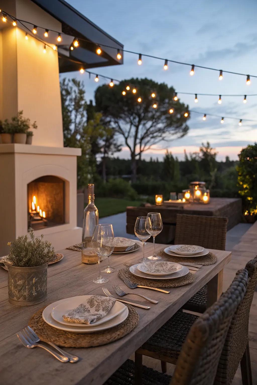 Dine in warmth: a dining area by the fireplace.