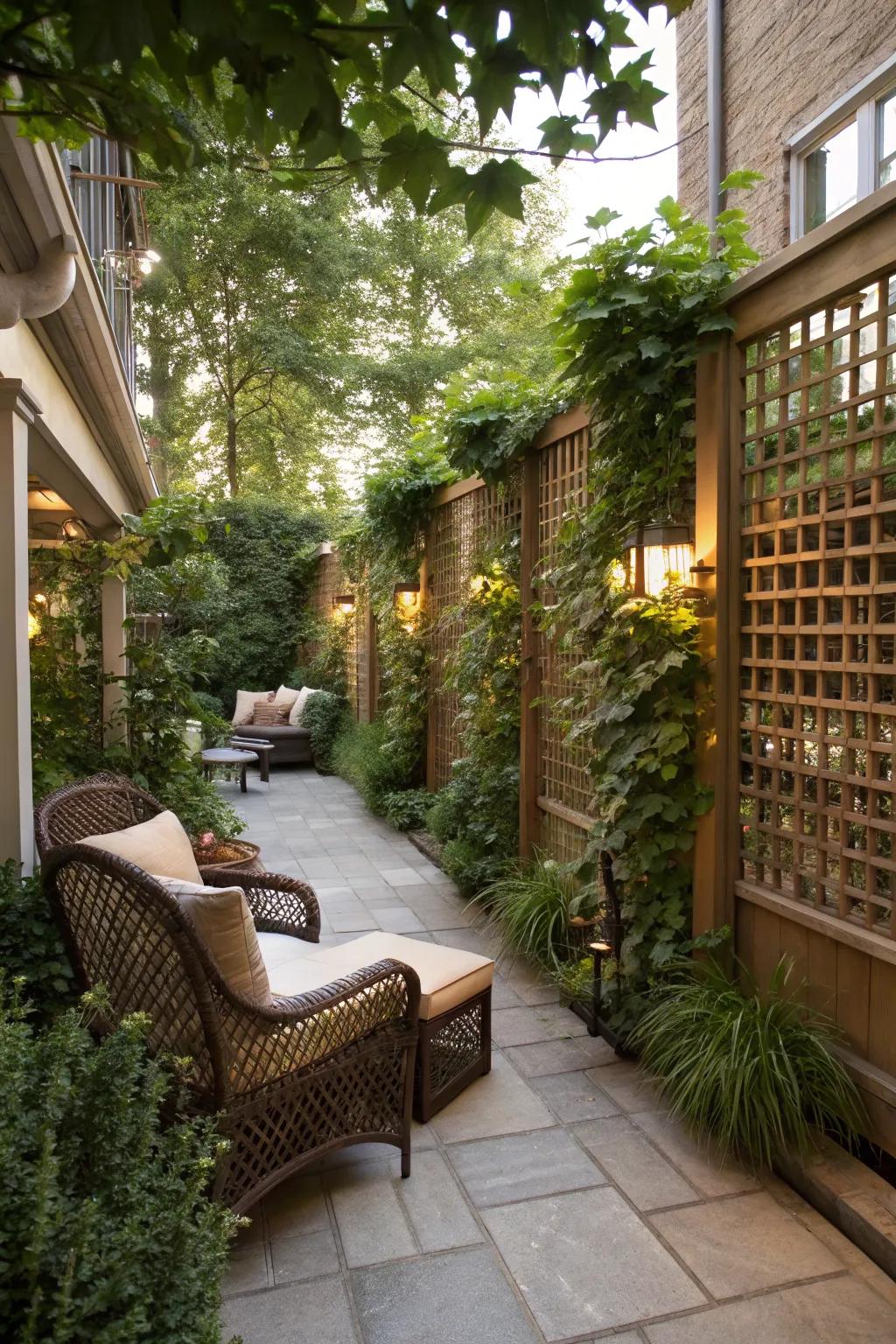 Greenery creates a private and serene patio space.