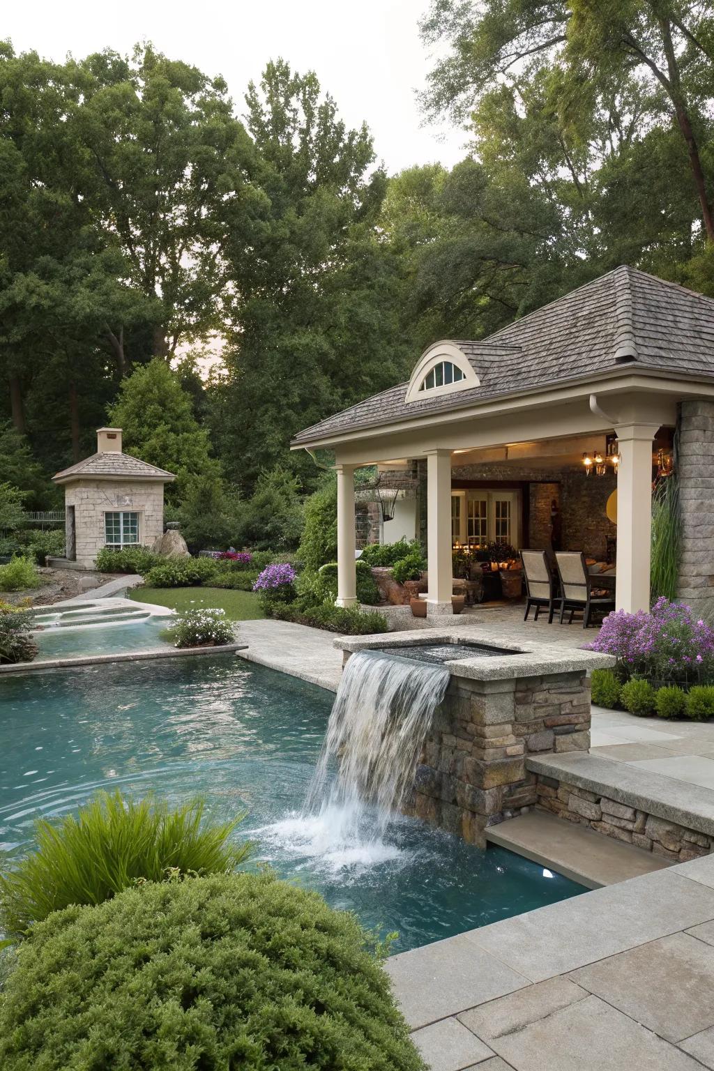 Enchanting water features enhance the tranquility of a pool house.