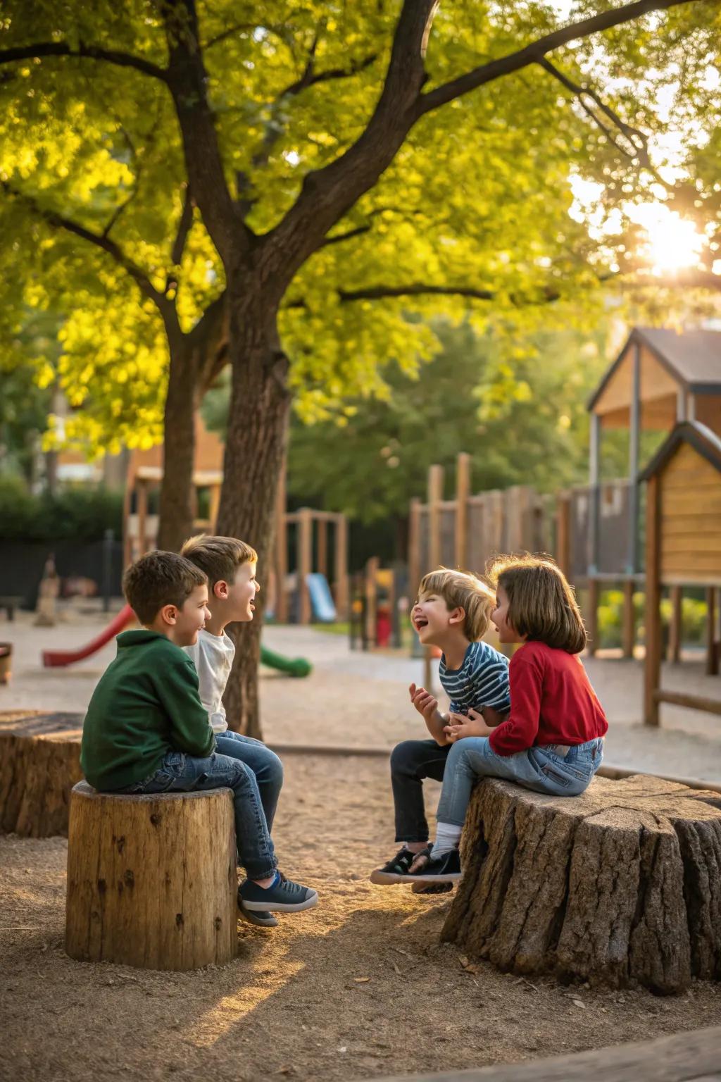 Natural log seating area for storytelling and gatherings.