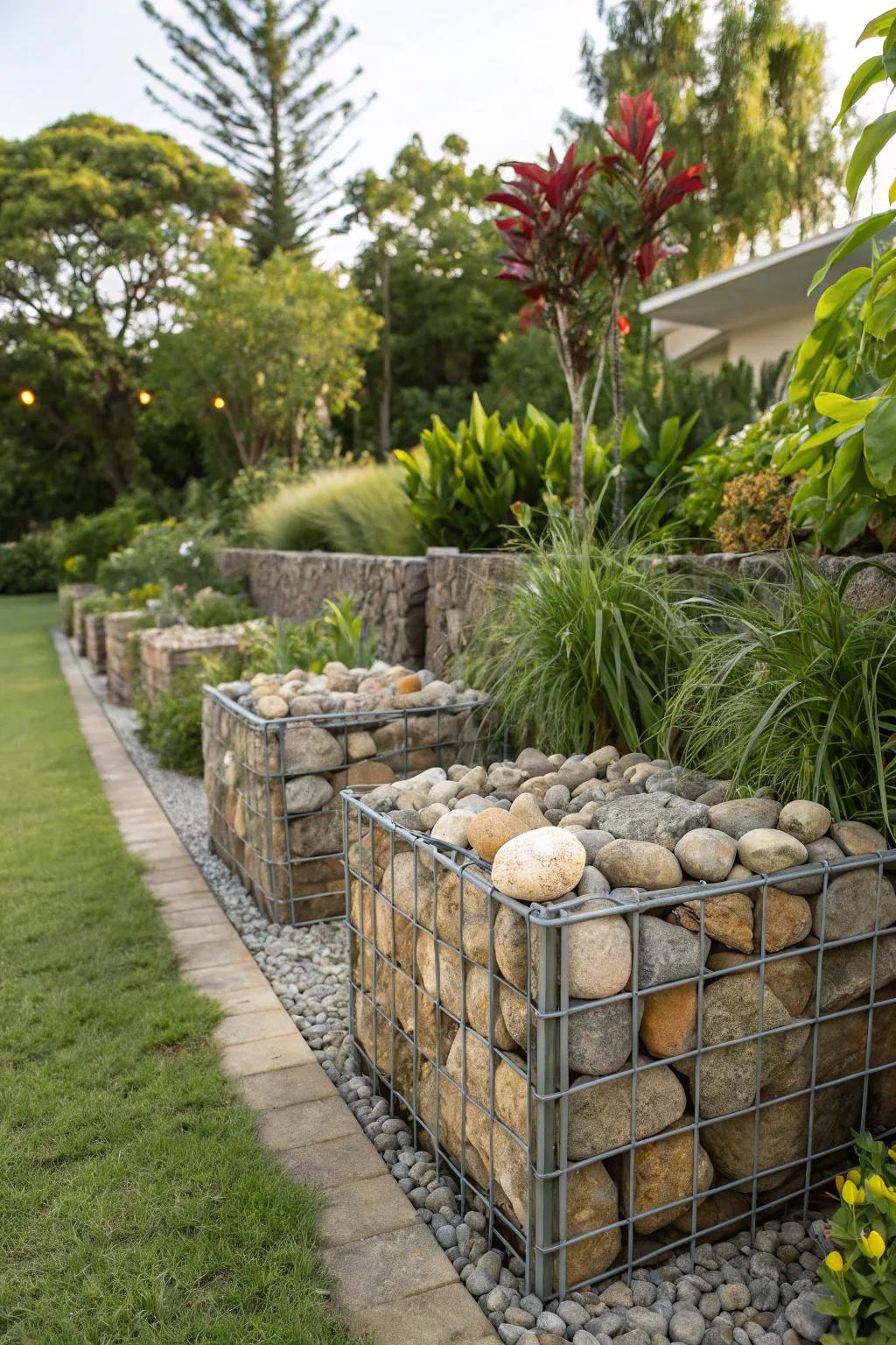 Gabion baskets offer a rustic and industrial garden charm.
