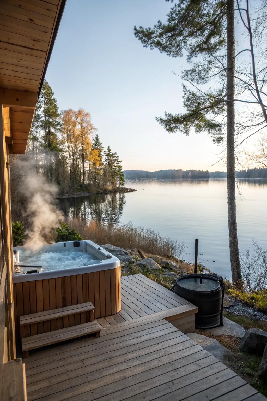 Maximize luxury by positioning your sauna and hot tub with a water view.