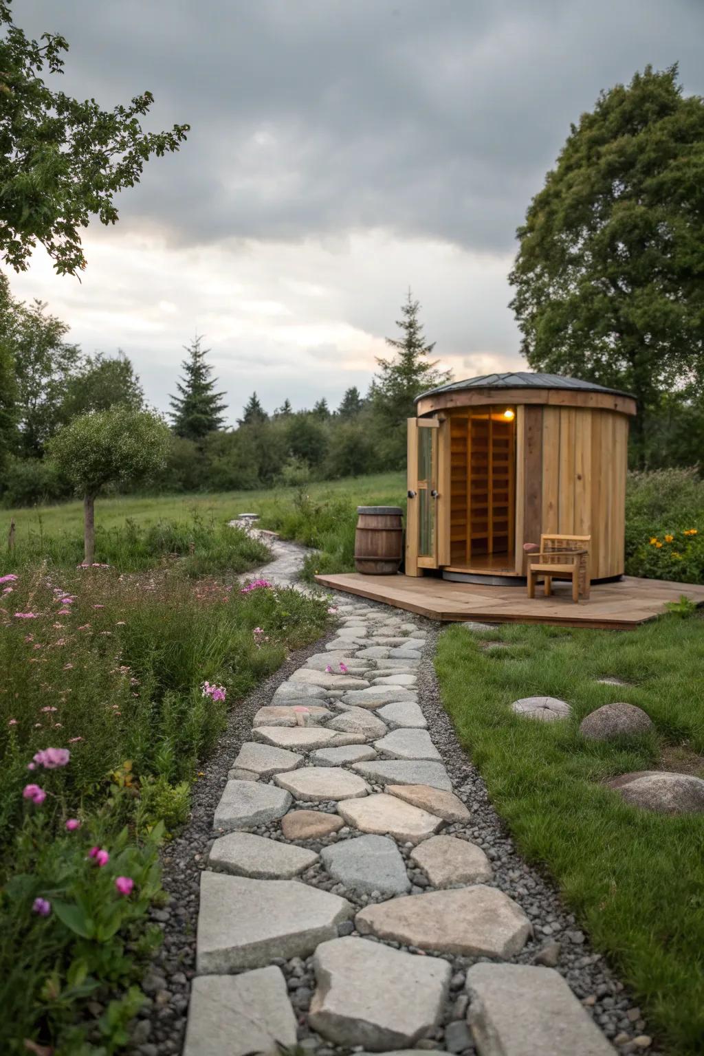 A stone pathway integrates seamlessly with the natural environment.