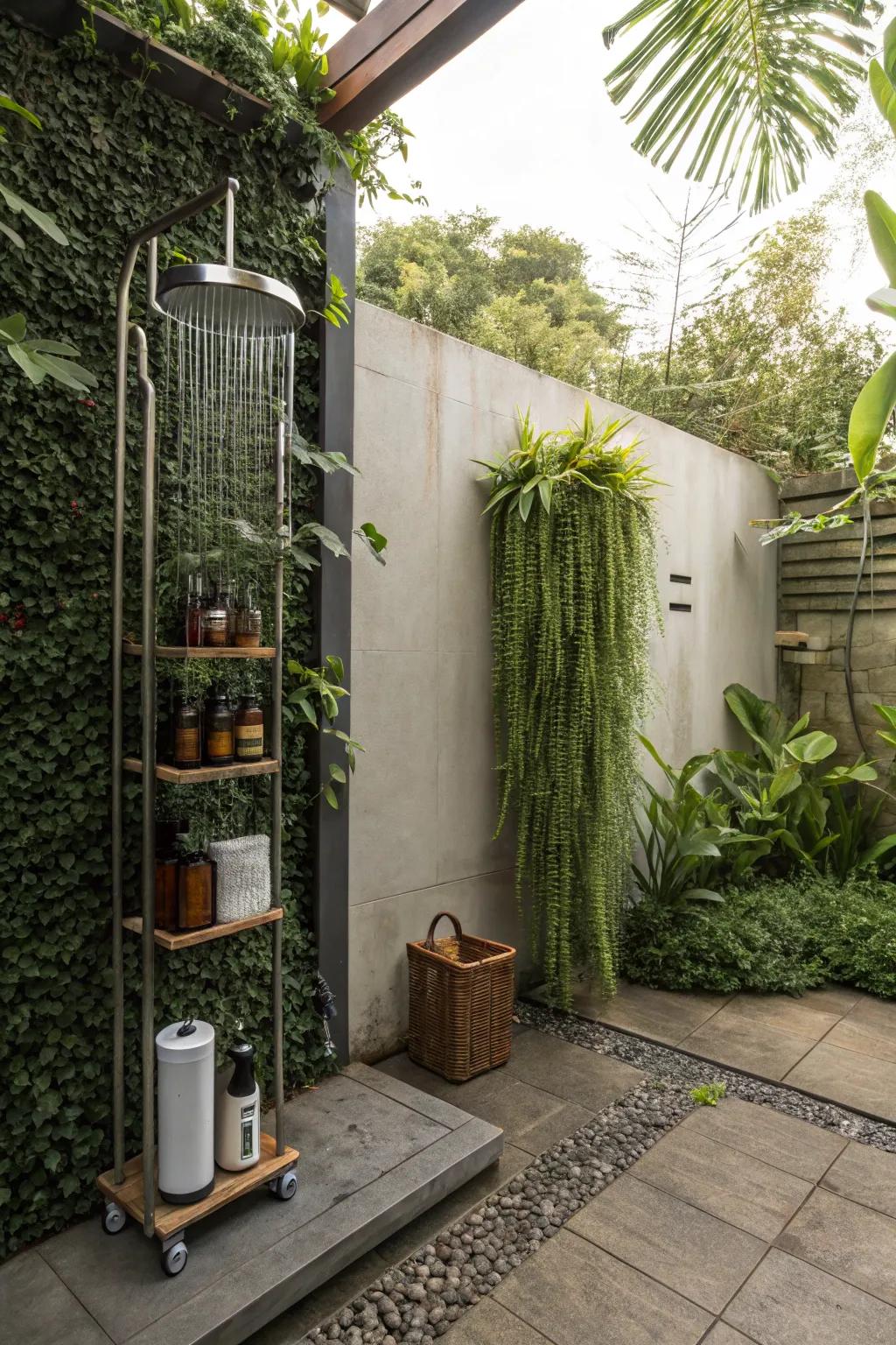 Greenery elevates the natural aesthetic of your outdoor shower.
