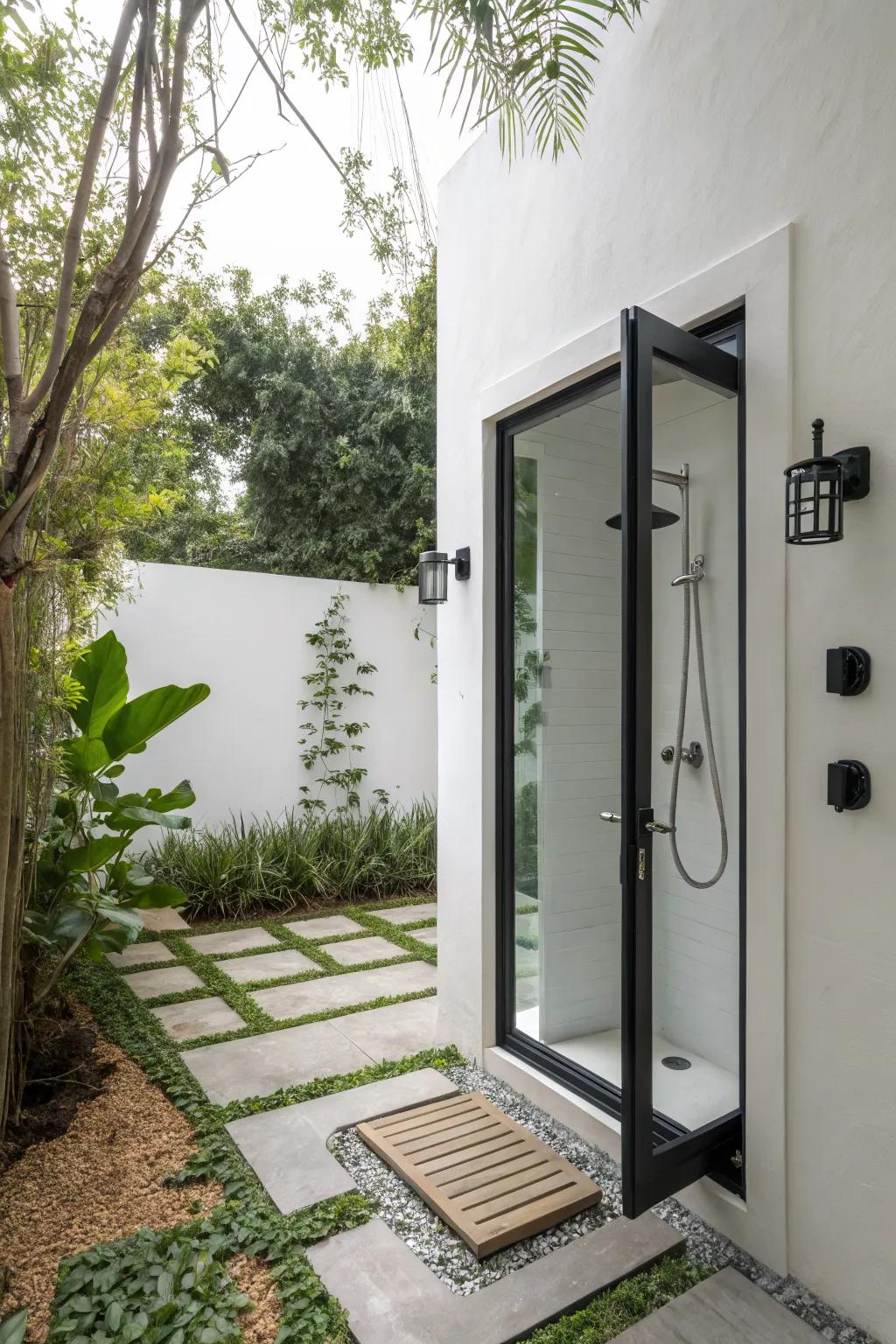 A modern outdoor shower featuring a PVC door, ideal for durability and low maintenance.