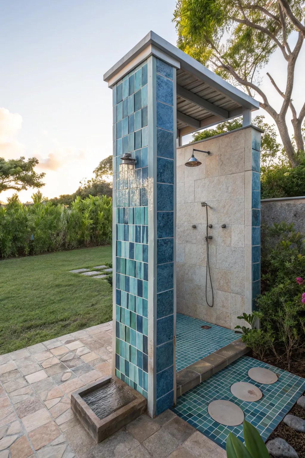 A coastal-themed outdoor shower with sea-inspired blue tiles.