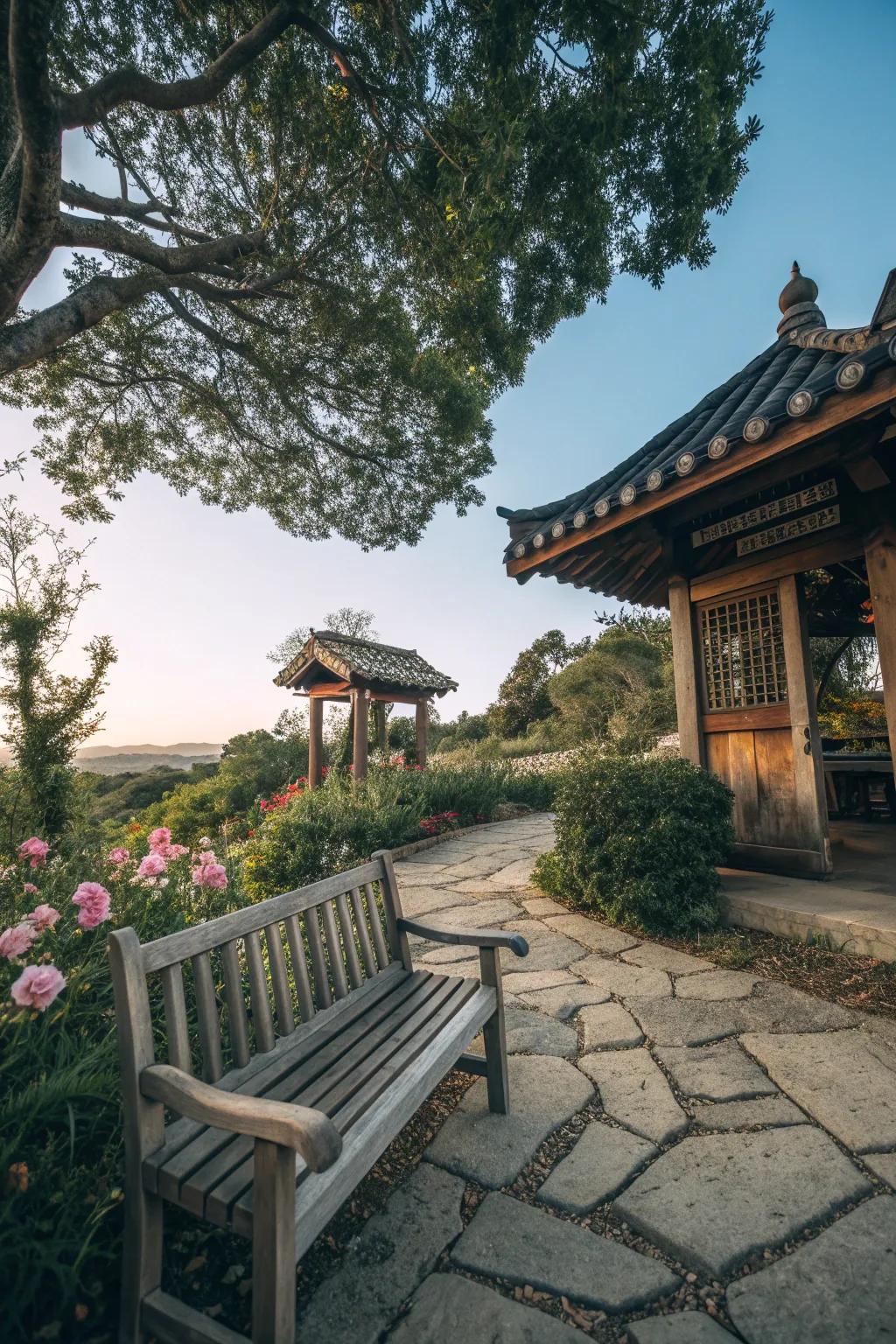 A bench invites you to sit and reflect in your garden shrine