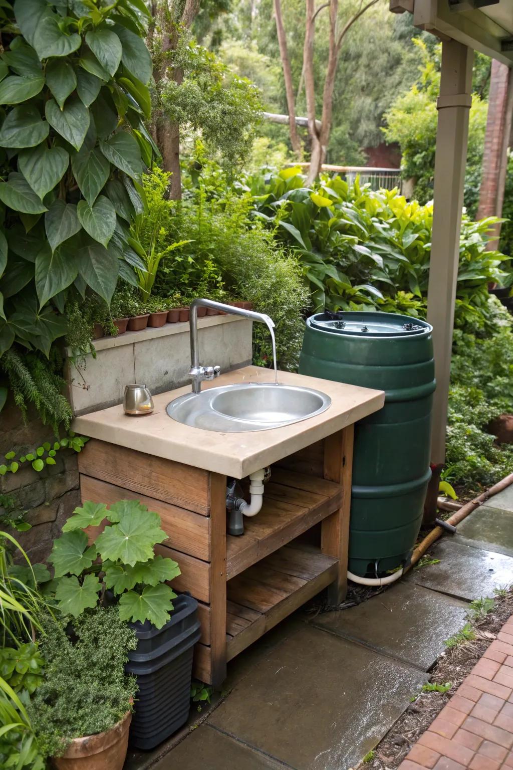 An eco-friendly outdoor sink using rainwater collection.