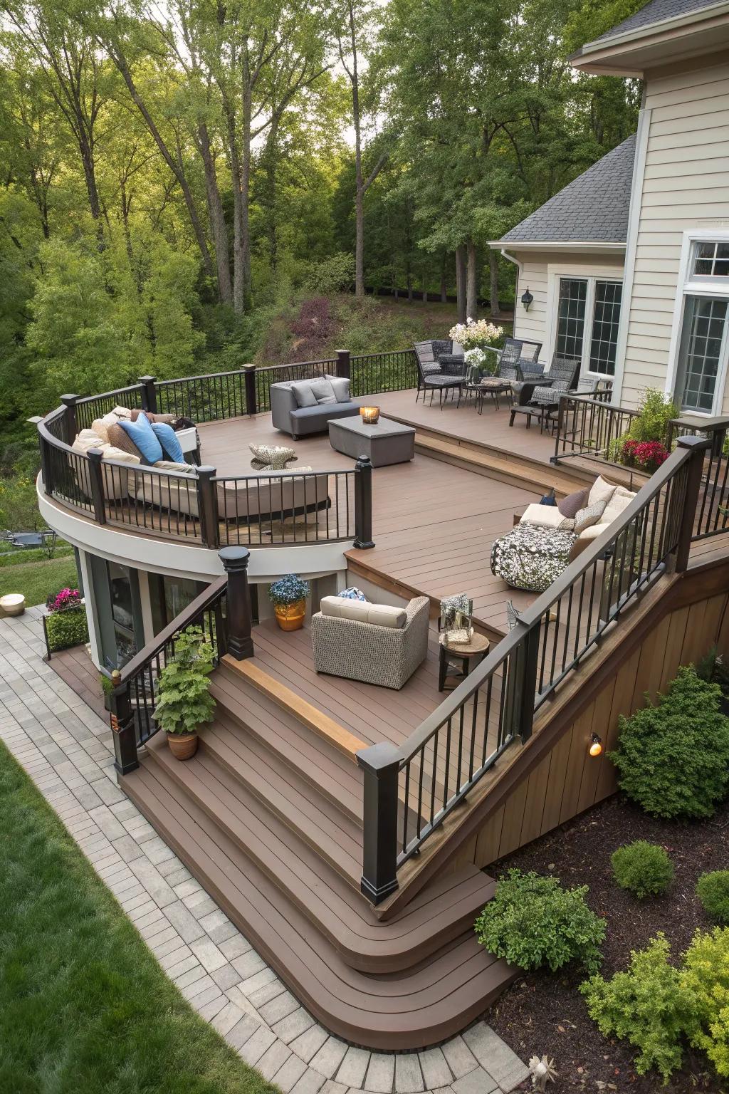 A visually intriguing multi-level deck with various seating options.