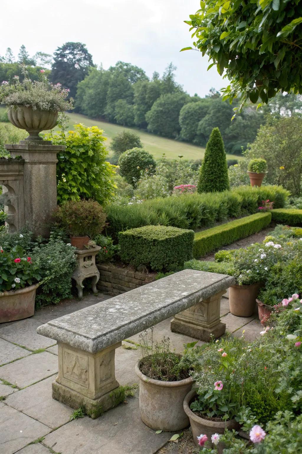 A cozy nook with a stone bench and complementary plants.