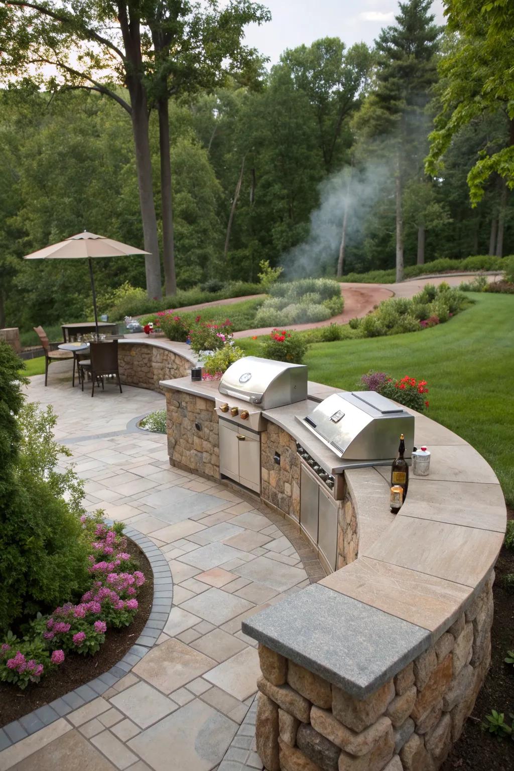 A curved stone grilling station that stands out.