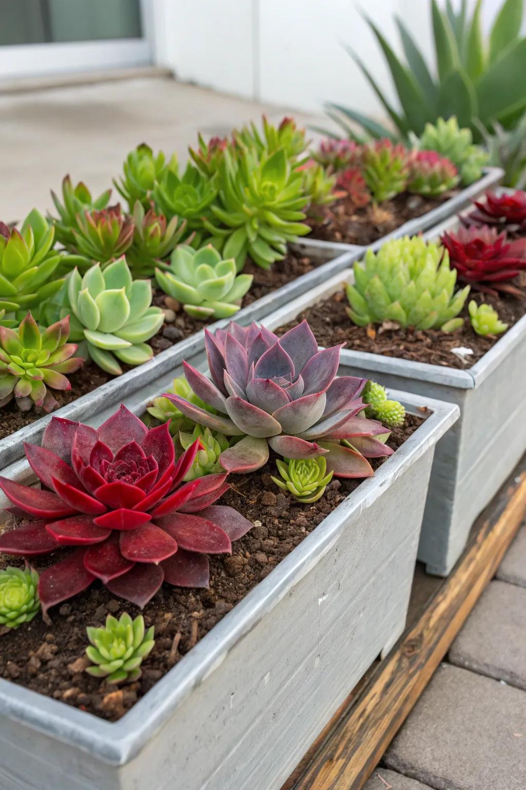 Vibrant color-blocked planters featuring a variety of succulent hues.