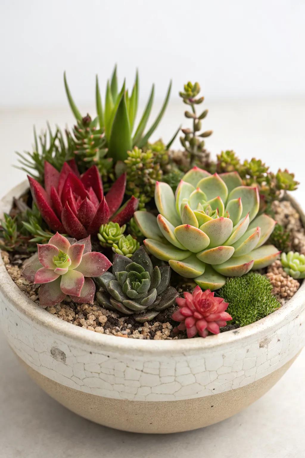 Artistic arrangements in ceramic bowls emphasize the beauty of succulents.
