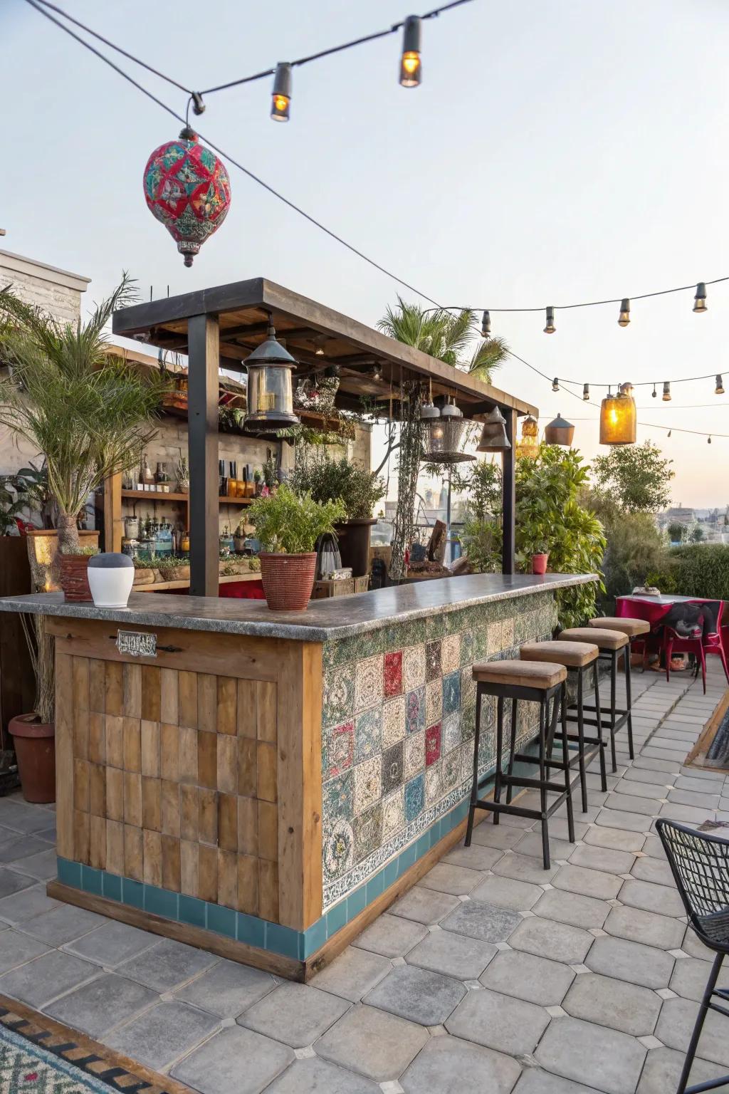 An eclectic bar top combining various materials for a unique look